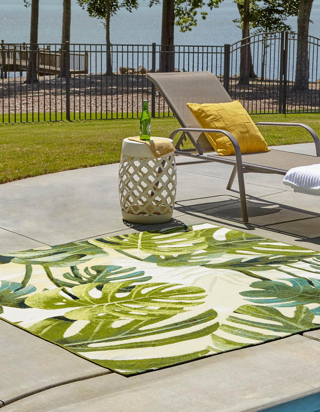 Green 5' 3 x 5' 3 Outdoor Botanical Square Area Rug Weather Resistant for Patio, Deck, Terrace, Balcony, Porch Polypropylene Garden Floral Tropical Carpet for Sale at Rug Engine