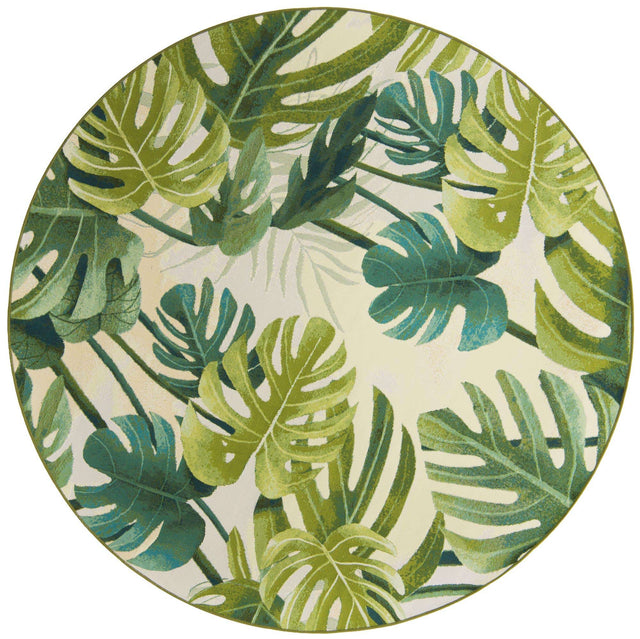 Green 7' 10 x 7' 10 Outdoor Botanical Round Area Rug Weather Resistant for Patio, Deck, Terrace, Balcony, Porch Polypropylene Garden Floral Tropical Carpet for Sale at Rug Engine