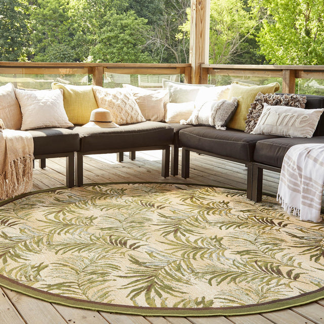 Green 7' 10 x 7' 10 Outdoor Botanical Round Area Rug Weather Resistant for Patio, Deck, Terrace, Balcony, Porch Polypropylene Garden Floral Tropical Carpet for Sale at Rug Engine
