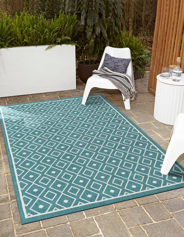Teal 5' 3 x 8' Outdoor Trellis Rectangle Area Rug Weather Resistant for Patio, Deck, Terrace, Balcony, Porch Geometric Design Water Safe Outside Carpet for Sale at Rug Engine