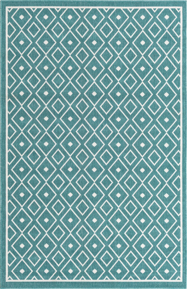 Teal 1' 3 x 1' 3 Outdoor Trellis Sample Area Rug Weather Resistant for Patio, Deck, Terrace, Balcony, Porch Geometric Design Water Safe Outside Carpet for Sale at Rug Engine