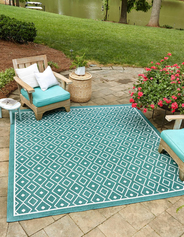 Teal 7' 10 x 7' 10 Outdoor Trellis Square Area Rug Weather Resistant for Patio, Deck, Terrace, Balcony, Porch Geometric Design Water Safe Outside Carpet for Sale at Rug Engine