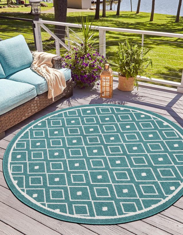 Teal 4' x 4' Outdoor Trellis Round Area Rug Weather Resistant for Patio, Deck, Terrace, Balcony, Porch Geometric Design Water Safe Outside Carpet for Sale at Rug Engine