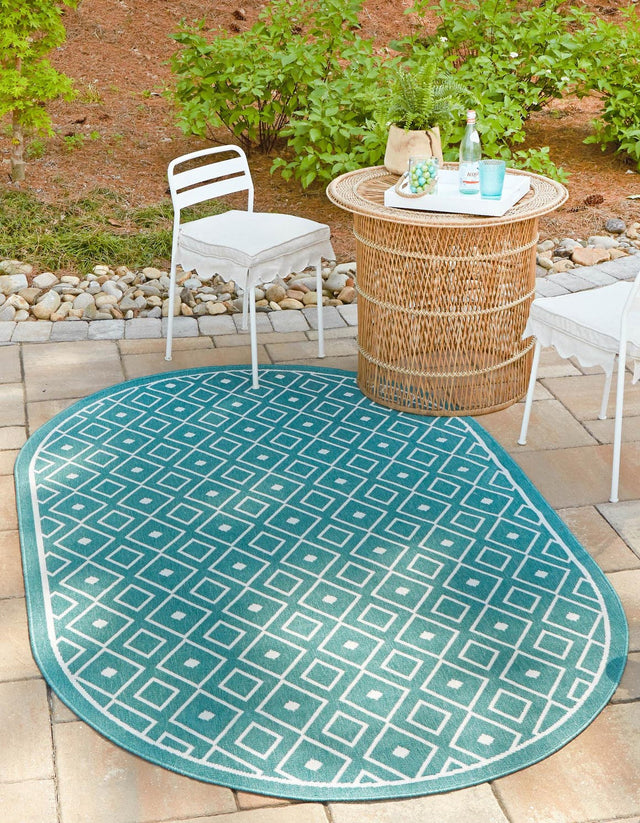 Teal 7' 10 x 10' Outdoor Trellis Oval Area Rug Weather Resistant for Patio, Deck, Terrace, Balcony, Porch Geometric Design Water Safe Outside Carpet for Sale at Rug Engine