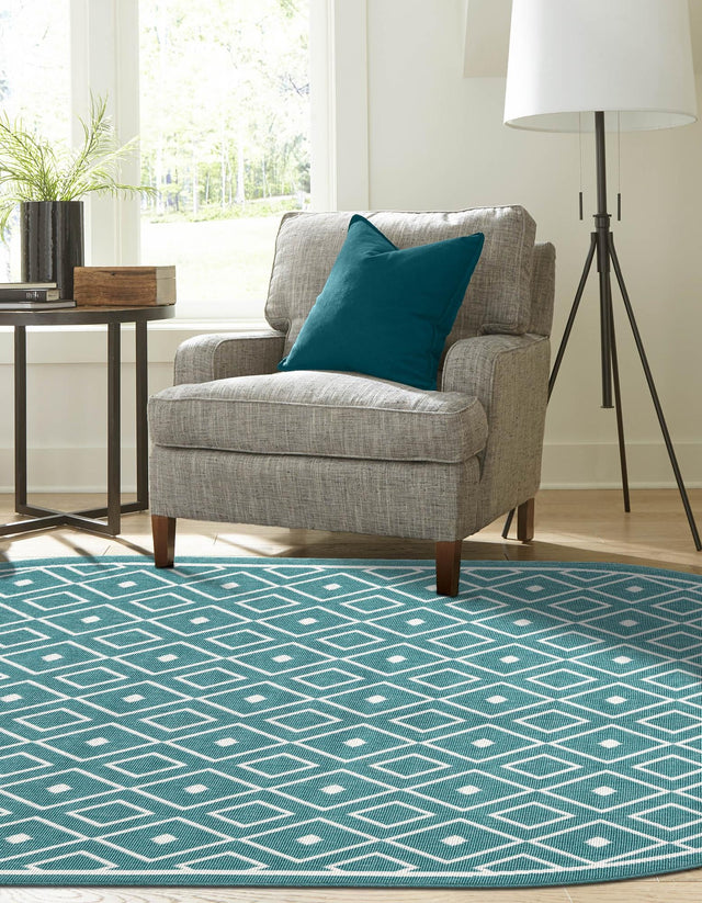 Teal 5' 3 x 8' Outdoor Trellis Oval Area Rug Weather Resistant for Patio, Deck, Terrace, Balcony, Porch Geometric Design Water Safe Outside Carpet for Sale at Rug Engine
