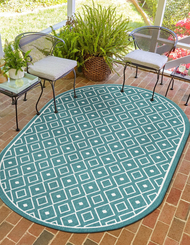 Teal 7' 10 x 10' Outdoor Trellis Oval Area Rug Weather Resistant for Patio, Deck, Terrace, Balcony, Porch Geometric Design Water Safe Outside Carpet for Sale at Rug Engine