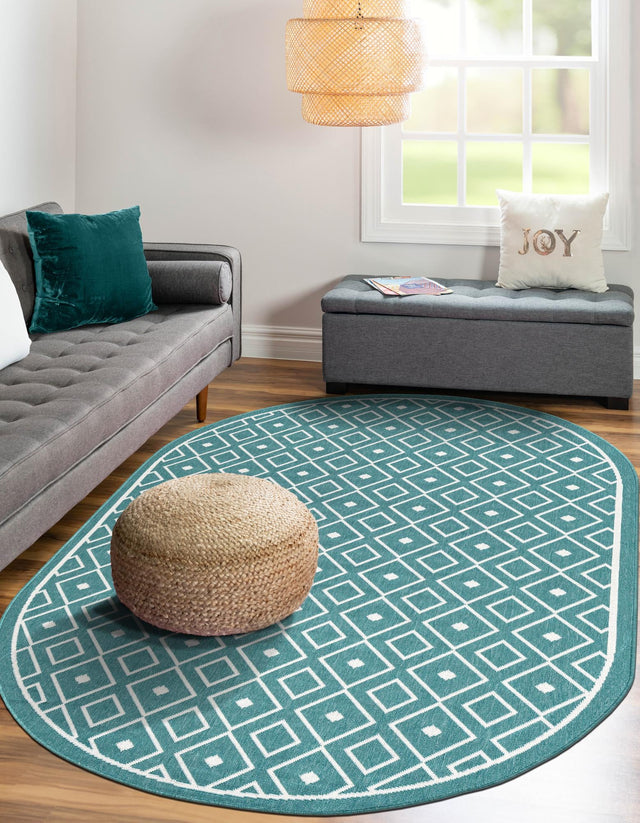 Teal 7' 10 x 10' Outdoor Trellis Oval Area Rug Weather Resistant for Patio, Deck, Terrace, Balcony, Porch Geometric Design Water Safe Outside Carpet for Sale at Rug Engine