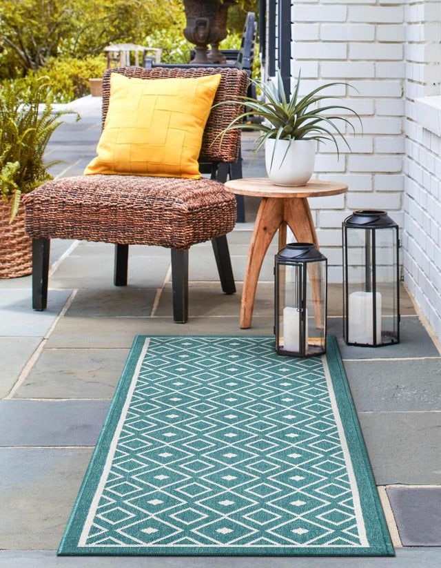 Teal 2' x 8' Outdoor Trellis Runner Area Rug Weather Resistant for Patio, Deck, Terrace, Balcony, Porch Geometric Design Water Safe Outside Carpet for Sale at Rug Engine