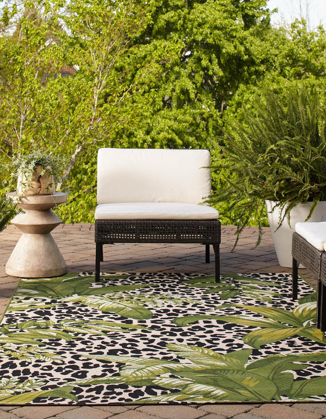 Green 7' 10 x 11' Outdoor Botanical Rectangle Area Rug Weather Resistant for Patio, Deck, Terrace, Balcony, Porch Polypropylene Garden Floral Tropical Carpet for Sale at Rug Engine