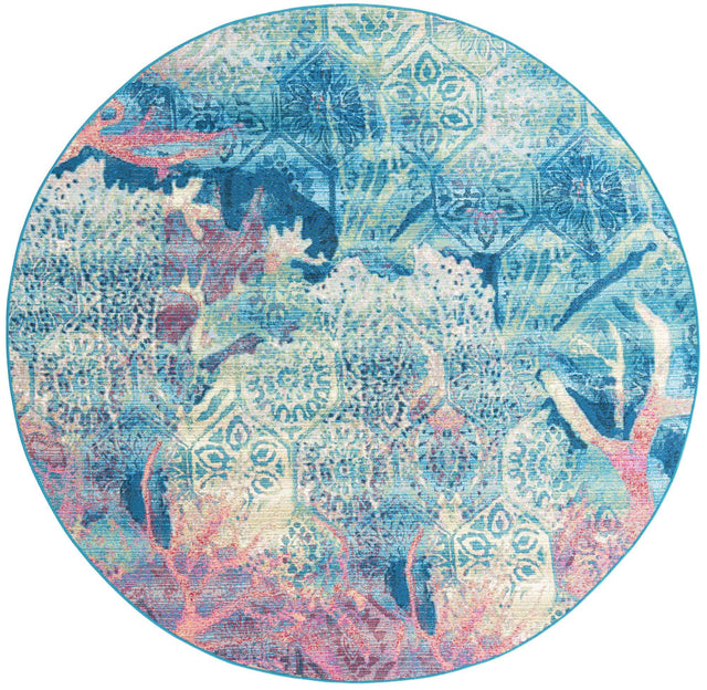 Multicolor 7' 10 x 7' 10 Outdoor Coastal Round Area Rug Weather Resistant for Patio, Deck, Terrace, Balcony, Porch 100% Polypropylene Coastal Decor Carpet for Sale at Rug Engine