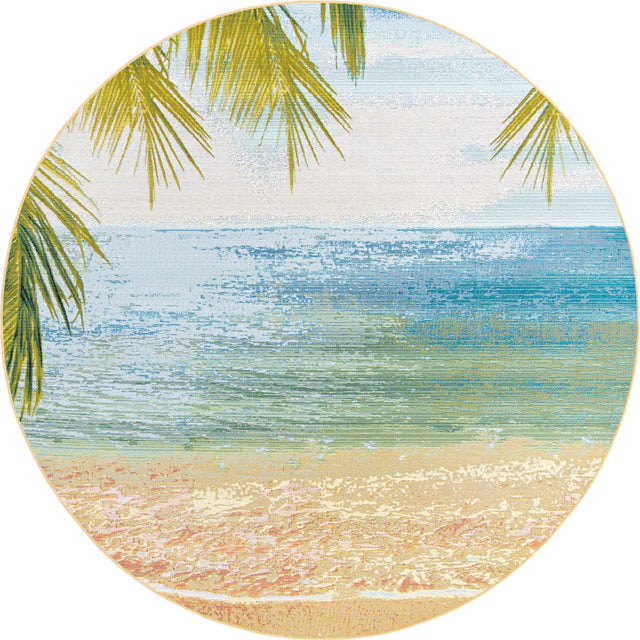 Multicolor 7' 10 x 7' 10 Outdoor Coastal Round Area Rug Weather Resistant for Patio, Deck, Terrace, Balcony, Porch 100% Polypropylene Coastal Decor Carpet for Sale at Rug Engine