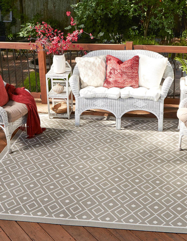 Gray 7' 10 x 7' 10 Outdoor Trellis Square Area Rug Weather Resistant for Patio, Deck, Terrace, Balcony, Porch Geometric Design Water Safe Outside Carpet for Sale at Rug Engine