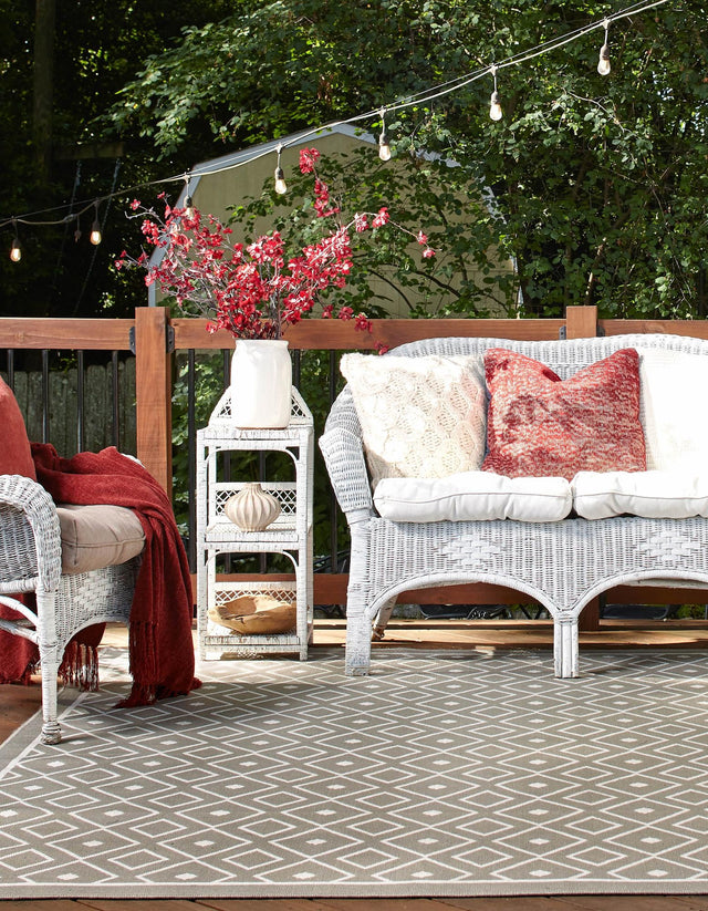 Gray 7' 10 x 7' 10 Outdoor Trellis Square Area Rug Weather Resistant for Patio, Deck, Terrace, Balcony, Porch Geometric Design Water Safe Outside Carpet for Sale at Rug Engine