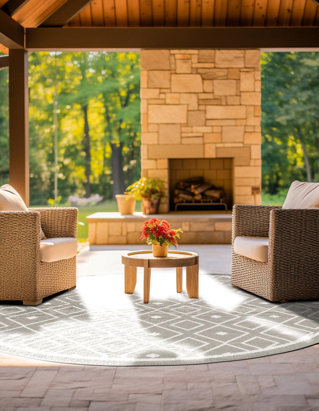 Gray 7' x 7' Outdoor Trellis Round Area Rug Weather Resistant for Patio, Deck, Terrace, Balcony, Porch Geometric Design Water Safe Outside Carpet for Sale at Rug Engine