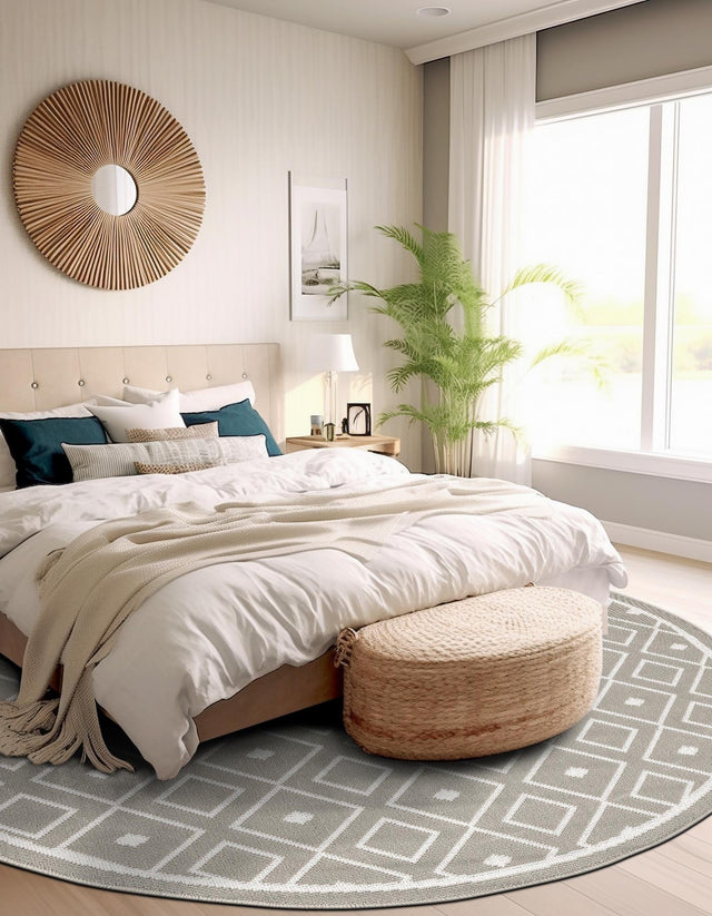 Gray 4' x 4' Outdoor Trellis Round Area Rug Weather Resistant for Patio, Deck, Terrace, Balcony, Porch Geometric Design Water Safe Outside Carpet for Sale at Rug Engine