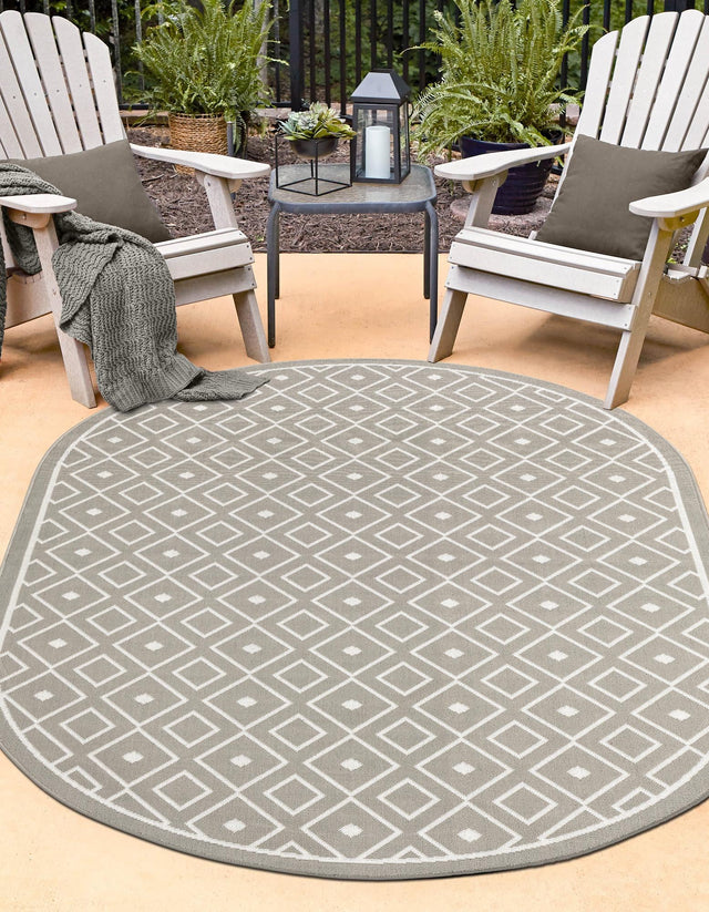 Gray 7' 10 x 10' Outdoor Trellis Oval Area Rug Weather Resistant for Patio, Deck, Terrace, Balcony, Porch Geometric Design Water Safe Outside Carpet for Sale at Rug Engine