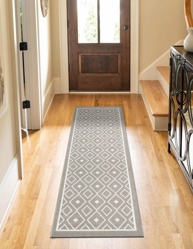 Gray 2' x 8' Outdoor Trellis Runner Area Rug Weather Resistant for Patio, Deck, Terrace, Balcony, Porch Geometric Design Water Safe Outside Carpet for Sale at Rug Engine