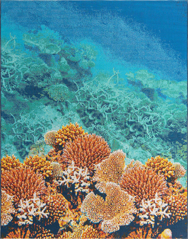 Multicolor 7' 10 x 10' Outdoor Coastal Rectangle Area Rug Weather Resistant for Patio, Deck, Terrace, Balcony, Porch