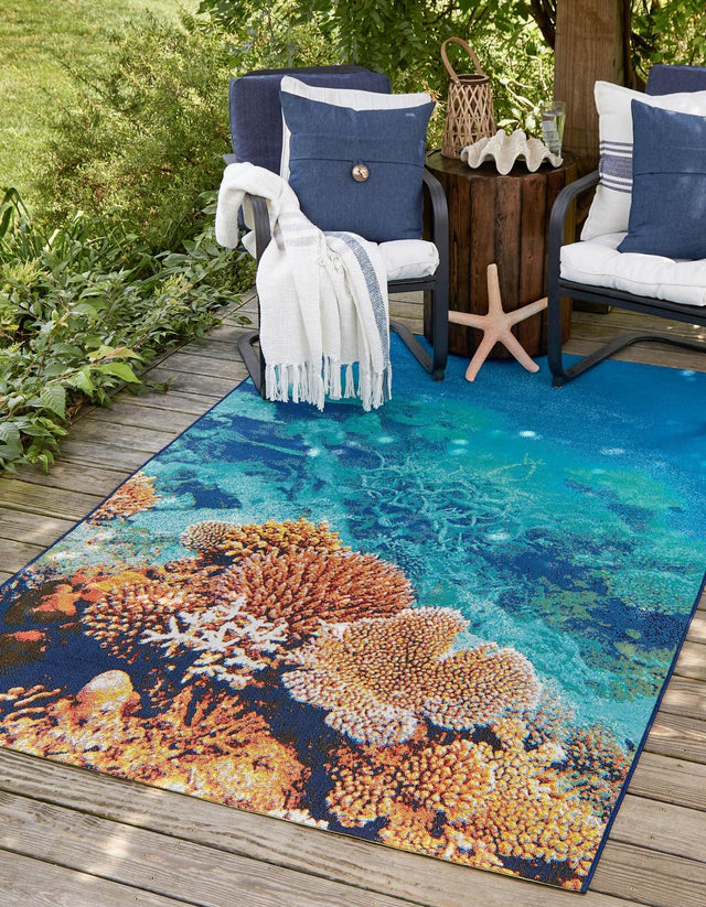Multicolor 7' 10 x 10' Outdoor Coastal Rectangle Area Rug Weather Resistant for Patio, Deck, Terrace, Balcony, Porch