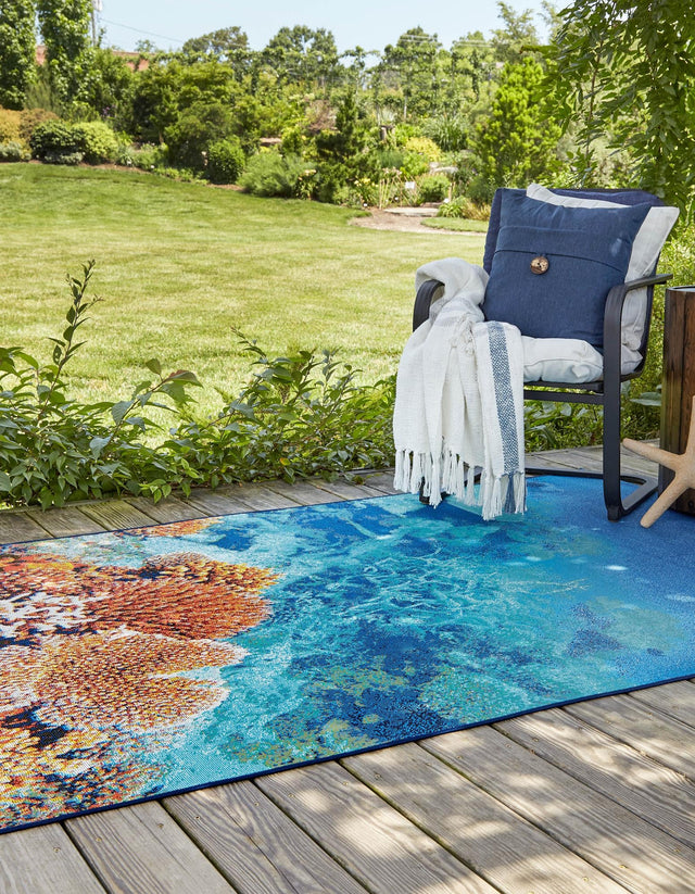 Multicolor 7' 10 x 10' Outdoor Coastal Rectangle Area Rug Weather Resistant for Patio, Deck, Terrace, Balcony, Porch