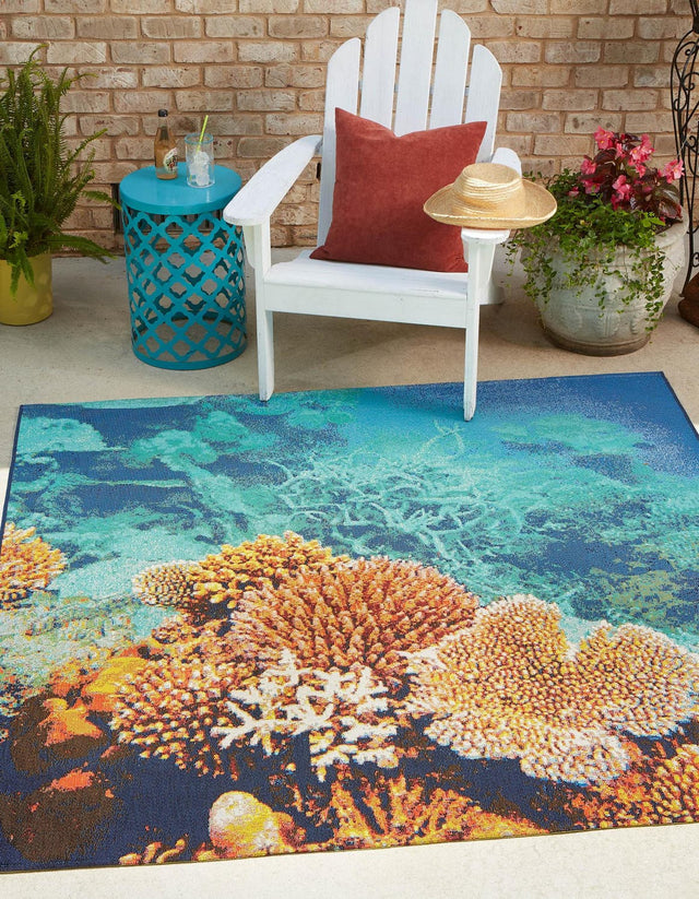 Multicolor 6' x 6' Outdoor Coastal Square Area Rug Weather Resistant for Patio, Deck, Terrace, Balcony, Porch 100% Polypropylene Coastal Decor Carpet for Sale at Rug Engine