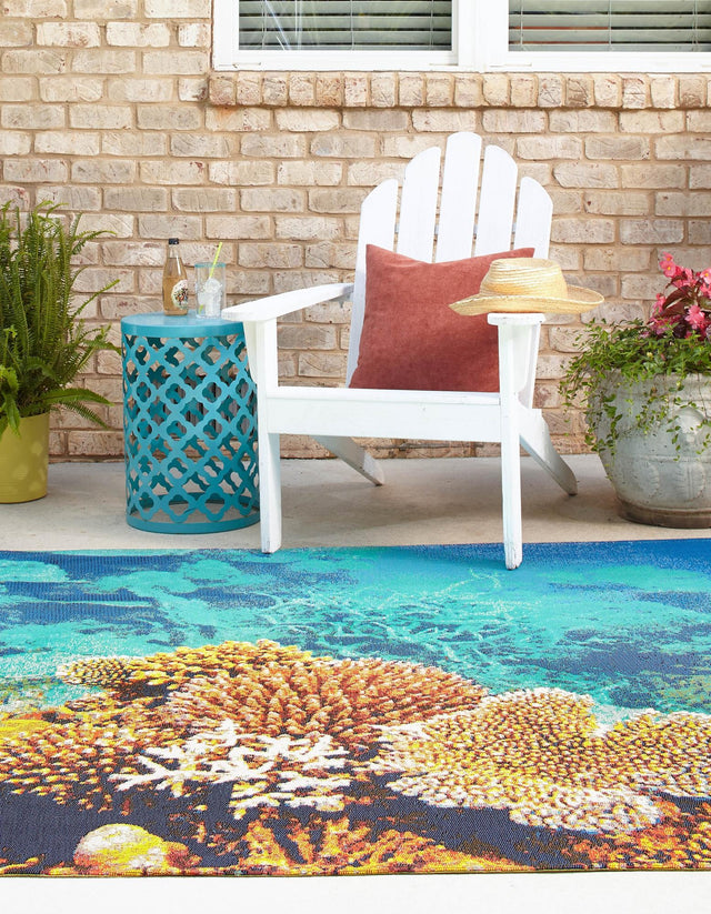 Multicolor 6' x 6' Outdoor Coastal Square Area Rug Weather Resistant for Patio, Deck, Terrace, Balcony, Porch 100% Polypropylene Coastal Decor Carpet for Sale at Rug Engine