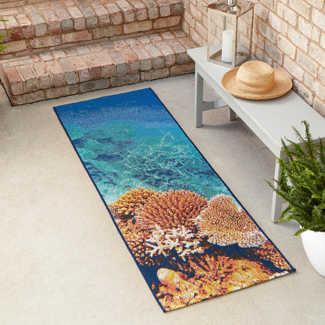 Multicolor 2' 7 x 5' 3 Outdoor Coastal Runner Area Rug Weather Resistant for Patio, Deck, Terrace, Balcony, Porch 100% Polypropylene Coastal Decor Carpet for Sale at Rug Engine