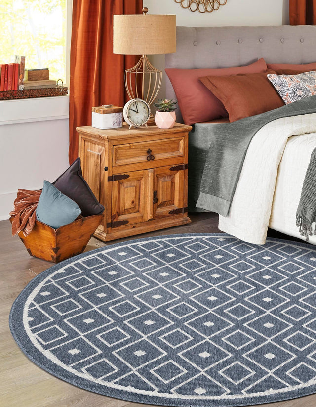 Navy Blue 7' x 7' Outdoor Trellis Round Area Rug Weather Resistant for Patio, Deck, Terrace, Balcony, Porch Geometric Design Water Safe Outside Carpet for Sale at Rug Engine