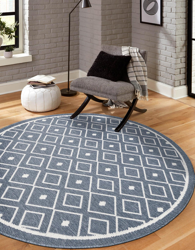 Navy Blue 7' x 7' Outdoor Trellis Round Area Rug Weather Resistant for Patio, Deck, Terrace, Balcony, Porch Geometric Design Water Safe Outside Carpet for Sale at Rug Engine