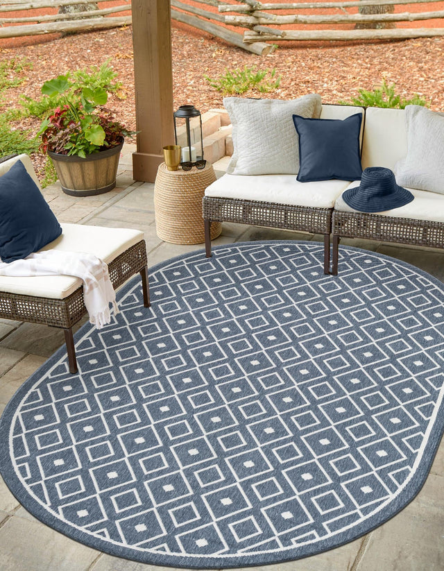 Navy Blue 7' 10 x 10' Outdoor Trellis Oval Area Rug Weather Resistant for Patio, Deck, Terrace, Balcony, Porch Geometric Design Water Safe Outside Carpet for Sale at Rug Engine