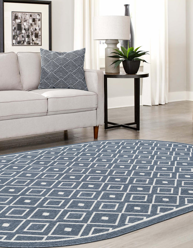 Navy Blue 5' 3 x 8' Outdoor Trellis Oval Area Rug Weather Resistant for Patio, Deck, Terrace, Balcony, Porch Geometric Design Water Safe Outside Carpet for Sale at Rug Engine