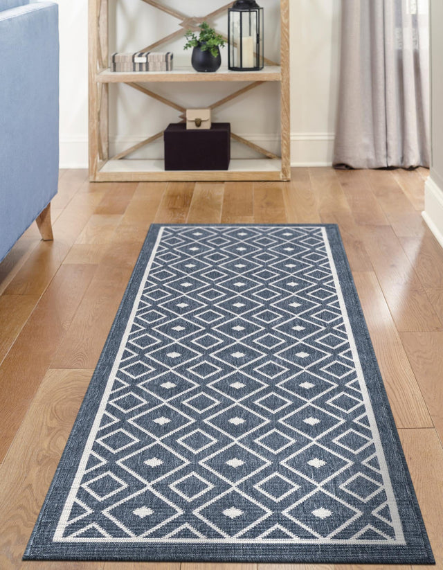Navy Blue 2' x 6' Outdoor Trellis Runner Area Rug Weather Resistant for Patio, Deck, Terrace, Balcony, Porch Geometric Design Water Safe Outside Carpet for Sale at Rug Engine