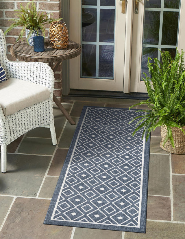 Navy Blue 2' x 6' Outdoor Trellis Runner Area Rug Weather Resistant for Patio, Deck, Terrace, Balcony, Porch Geometric Design Water Safe Outside Carpet for Sale at Rug Engine