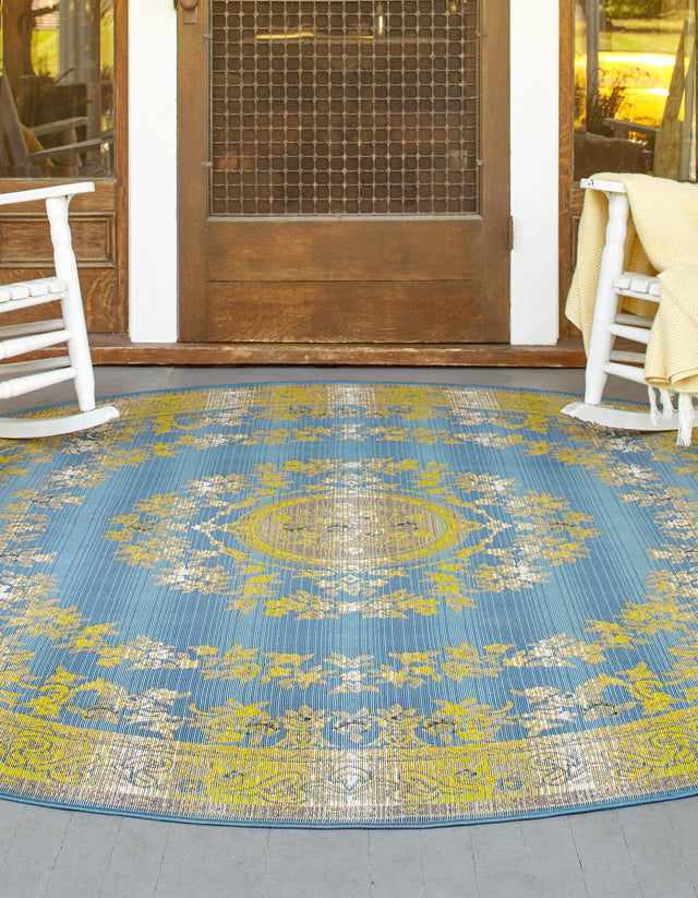 Blue 7' 10 x 7' 10 Outdoor Traditional Round Area Rug Weather Resistant for Patio, Deck, Terrace, Balcony, Porch Classical Design Outside Carpet for Sale at Rug Engine