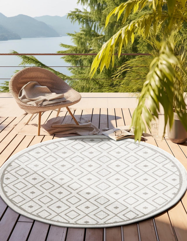 Ivory 4' x 4' Outdoor Trellis Round Area Rug Weather Resistant for Patio, Deck, Terrace, Balcony, Porch Geometric Design Water Safe Outside Carpet for Sale at Rug Engine