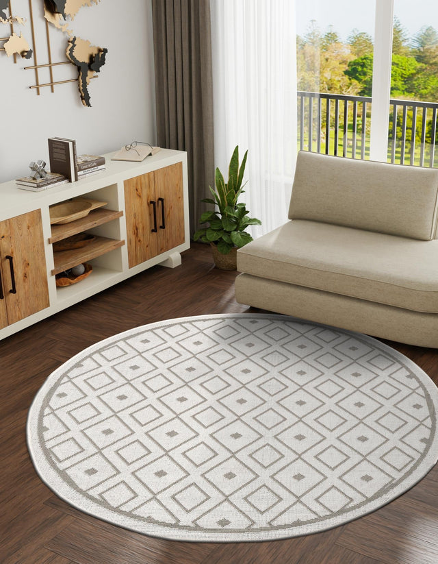 Ivory 4' x 4' Outdoor Trellis Round Area Rug Weather Resistant for Patio, Deck, Terrace, Balcony, Porch Geometric Design Water Safe Outside Carpet for Sale at Rug Engine