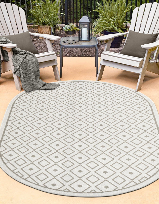 Ivory 5' 3 x 8' Outdoor Trellis Oval Area Rug Weather Resistant for Patio, Deck, Terrace, Balcony, Porch Geometric Design Water Safe Outside Carpet for Sale at Rug Engine