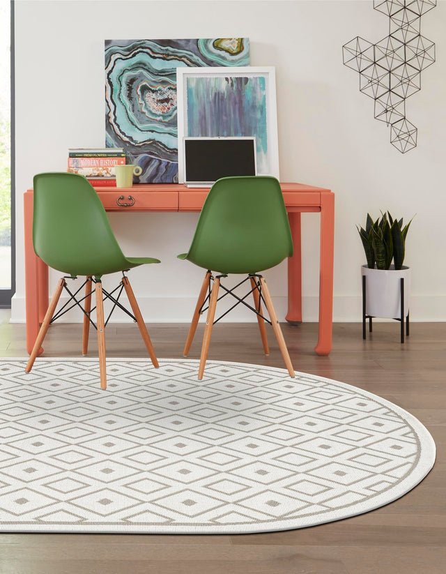 Ivory 5' 3 x 8' Outdoor Trellis Oval Area Rug Weather Resistant for Patio, Deck, Terrace, Balcony, Porch Geometric Design Water Safe Outside Carpet for Sale at Rug Engine