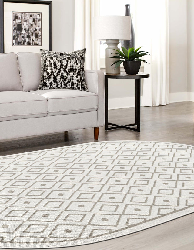 Ivory 5' 3 x 8' Outdoor Trellis Oval Area Rug Weather Resistant for Patio, Deck, Terrace, Balcony, Porch Geometric Design Water Safe Outside Carpet for Sale at Rug Engine