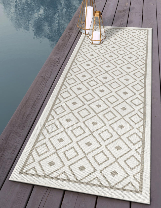 Ivory 2' x 6' Outdoor Trellis Runner Area Rug Weather Resistant for Patio, Deck, Terrace, Balcony, Porch Geometric Design Water Safe Outside Carpet for Sale at Rug Engine