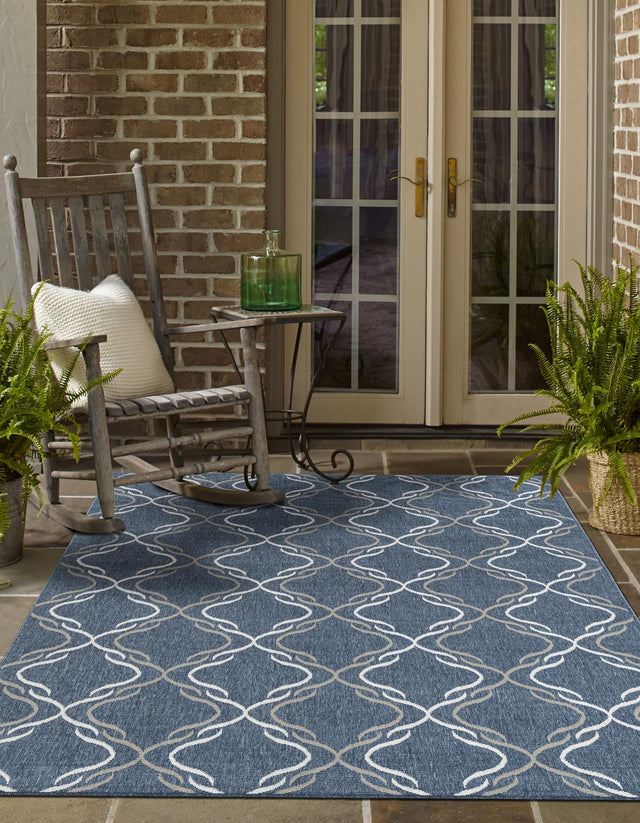 Navy Blue 8' x 10' Outdoor Trellis Rectangle Area Rug Weather Resistant for Patio, Deck, Terrace, Balcony, Porch Geometric Design Water Safe Outside Carpet for Sale at Rug Engine