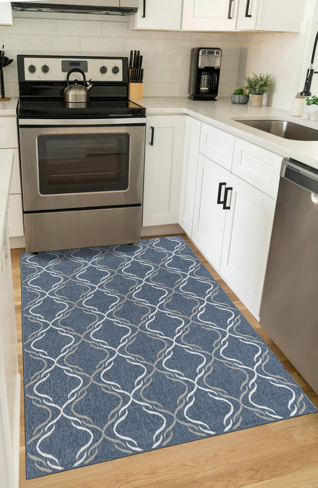 Navy Blue 4' x 6' Outdoor Trellis Rectangle Area Rug Weather Resistant for Patio, Deck, Terrace, Balcony, Porch Geometric Design Water Safe Outside Carpet for Sale at Rug Engine