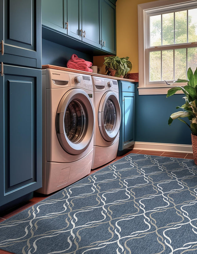 Navy Blue 4' x 6' Outdoor Trellis Rectangle Area Rug Weather Resistant for Patio, Deck, Terrace, Balcony, Porch Geometric Design Water Safe Outside Carpet for Sale at Rug Engine