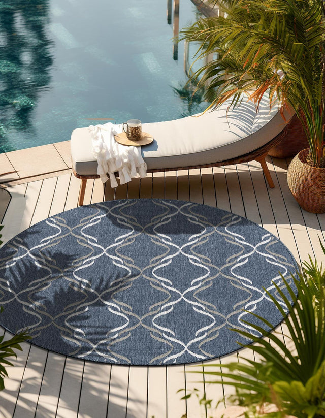 Navy Blue 7' x 7' Outdoor Trellis Round Area Rug Weather Resistant for Patio, Deck, Terrace, Balcony, Porch Geometric Design Water Safe Outside Carpet for Sale at Rug Engine
