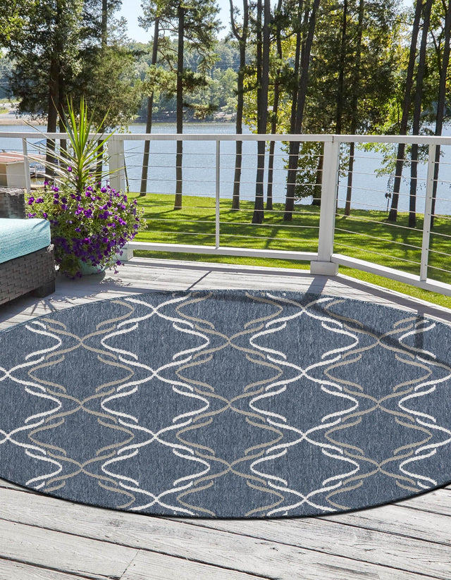 Navy Blue 7' x 7' Outdoor Trellis Round Area Rug Weather Resistant for Patio, Deck, Terrace, Balcony, Porch Geometric Design Water Safe Outside Carpet for Sale at Rug Engine