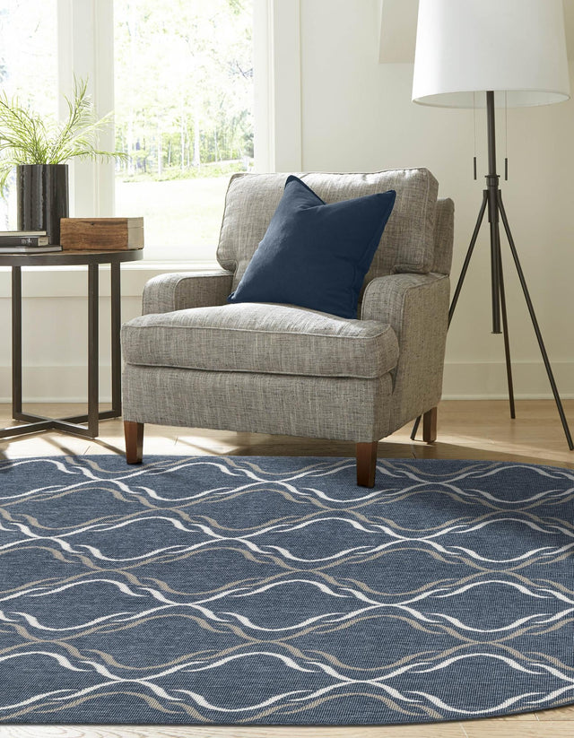 Navy Blue 7' 10 x 10' Outdoor Trellis Oval Area Rug Weather Resistant for Patio, Deck, Terrace, Balcony, Porch Geometric Design Water Safe Outside Carpet for Sale at Rug Engine
