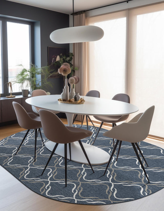 Navy Blue 7' 10 x 10' Outdoor Trellis Oval Area Rug Weather Resistant for Patio, Deck, Terrace, Balcony, Porch Geometric Design Water Safe Outside Carpet for Sale at Rug Engine
