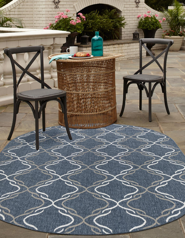 Navy Blue 7' 10 x 10' Outdoor Trellis Oval Area Rug Weather Resistant for Patio, Deck, Terrace, Balcony, Porch Geometric Design Water Safe Outside Carpet for Sale at Rug Engine