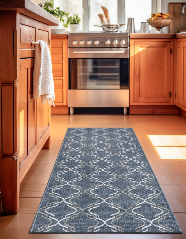 Navy Blue 2' x 6' Outdoor Trellis Runner Area Rug Weather Resistant for Patio, Deck, Terrace, Balcony, Porch Geometric Design Water Safe Outside Carpet for Sale at Rug Engine