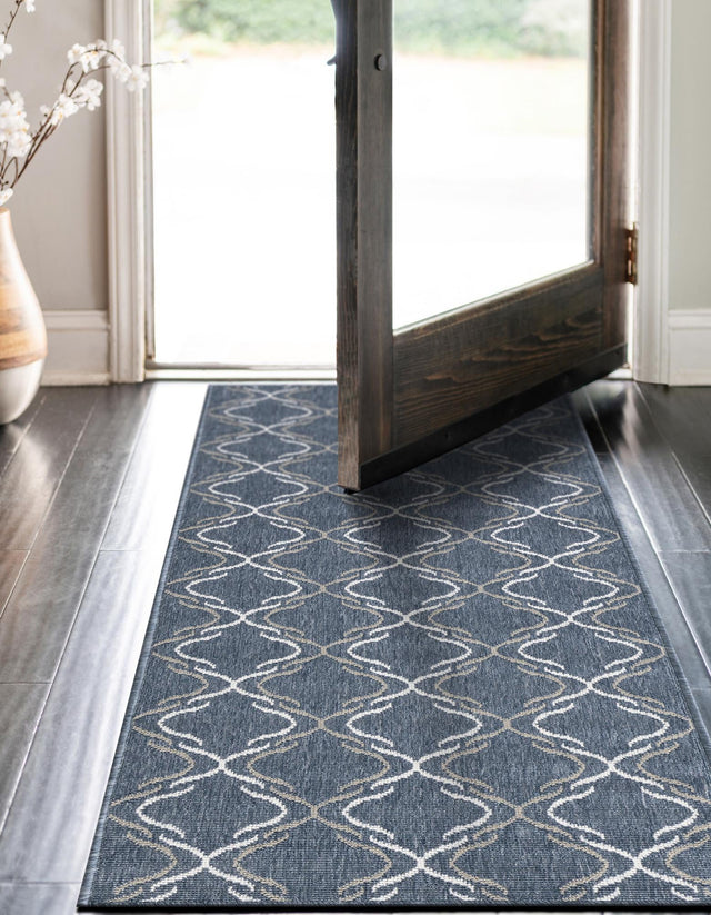 Navy Blue 2' x 8' Outdoor Trellis Runner Area Rug Weather Resistant for Patio, Deck, Terrace, Balcony, Porch Geometric Design Water Safe Outside Carpet for Sale at Rug Engine